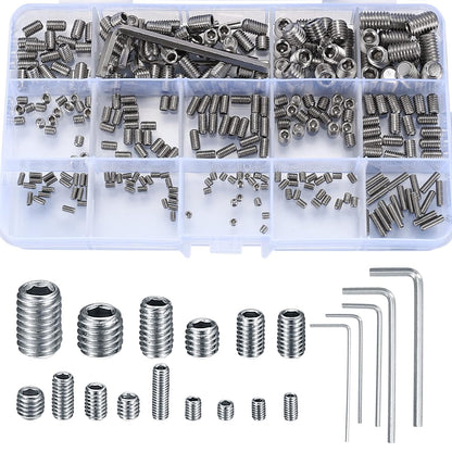 Set 300 buc suruburi fara cap cu locas imbus, stift filetat de diferite marimi M2.5 M3 M4 M5 M6 M8, din otel, in cutie de depozitare si transport