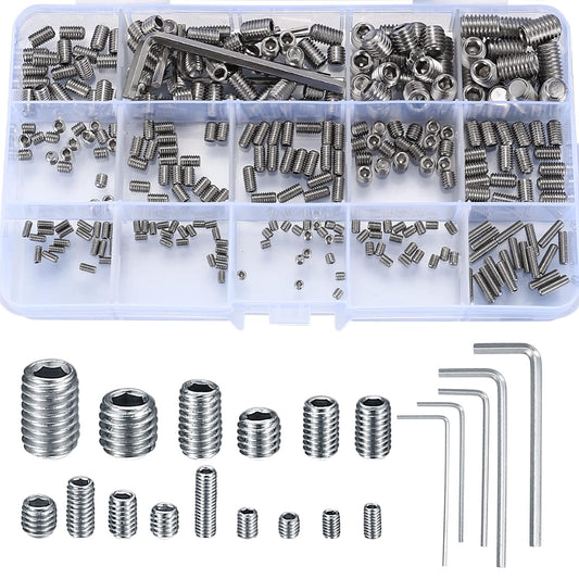 Set 300 buc suruburi fara cap cu locas imbus, stift filetat de diferite marimi M2.5 M3 M4 M5 M6 M8, din otel, in cutie de depozitare si transport