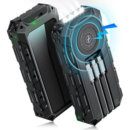 Baterie externa solara 49.920 mAh, Powerbank cu incarcare wireless, cablu USB-C, Lightning si Mini-USB incorporat, cu 2 intrari si 7 iesiri, lanterna LED, impermeabila si rezistenta la socuri