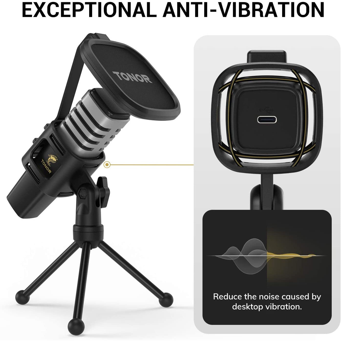 Microfon USB cu suport si filtru pop, Tonor TC30, plug and play, microfon condenser cardidoid pentru inregistrare, streaming, Podcast, Youtube, compatibil PS4, PC, Laptop