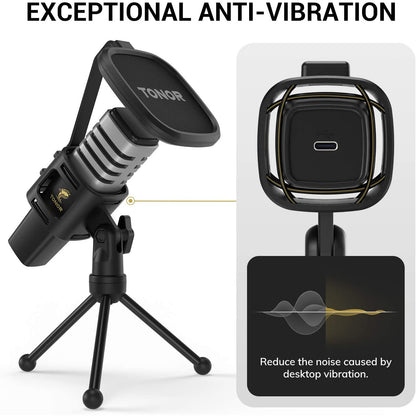 Microfon USB cu suport si filtru pop, Tonor TC30, plug and play, microfon condenser cardidoid pentru inregistrare, streaming, Podcast, Youtube, compatibil PS4, PC, Laptop