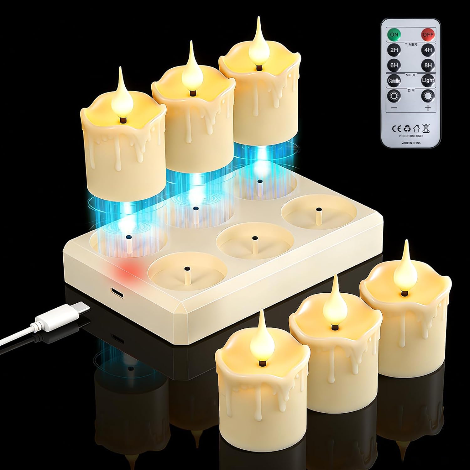 Lumanari LED reincarcabile set 6 buc, 200H autonomie, telecomanda, statie incarcare USB-C, timer 2/4/6/8H, flacara palpaitoare, lumina alb cald reglabila, decorative pentru nunta, petreceri, dormitor si sufragerie