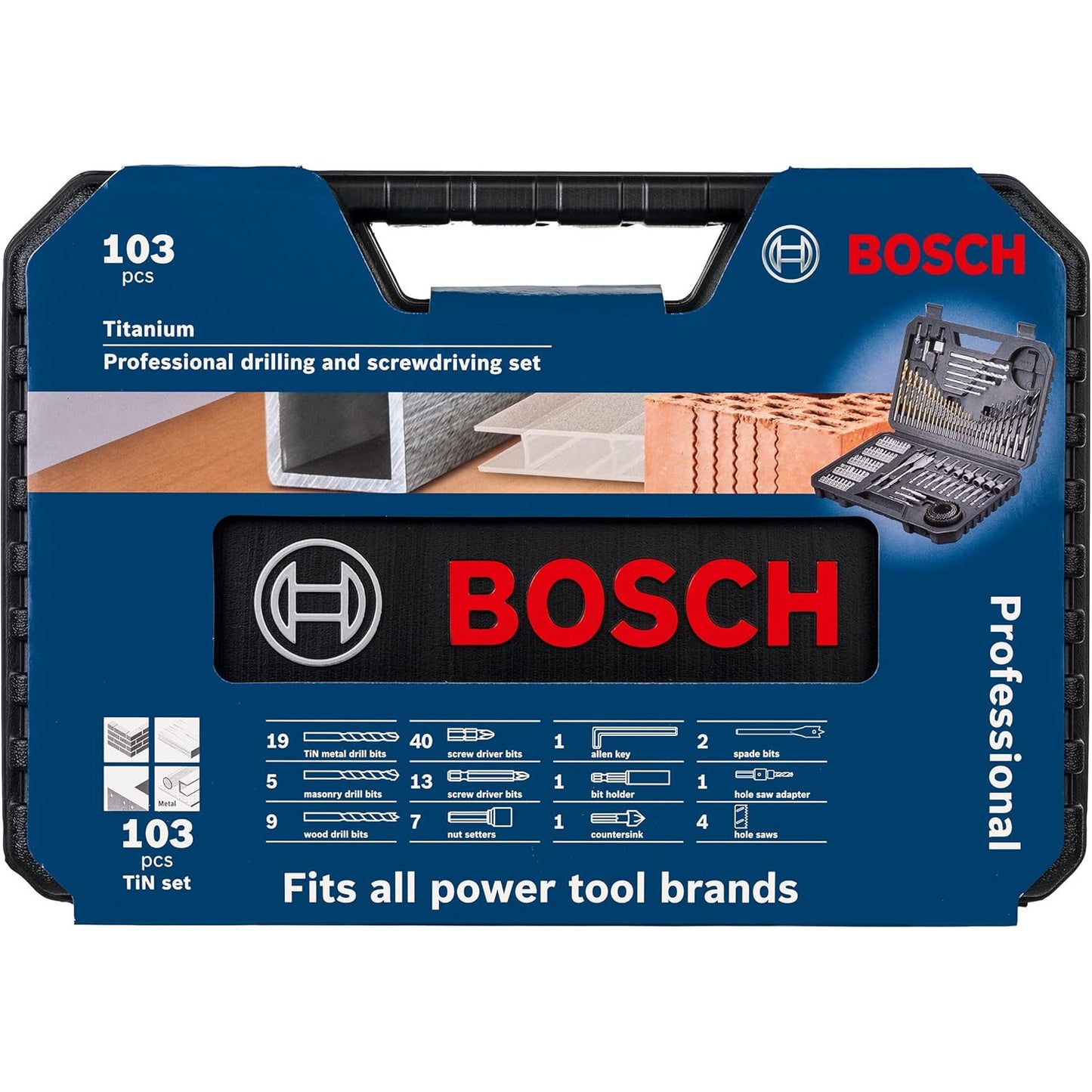 Set accesorii gaurire si insurubare Bosch Professional, 103 piese, pentru lemn, metal si zidarie, include burghie HSS si pentru lemn, biti PH/PZ/Torx/Hex, carote, chei tubulare, suport universal si cutie de transport