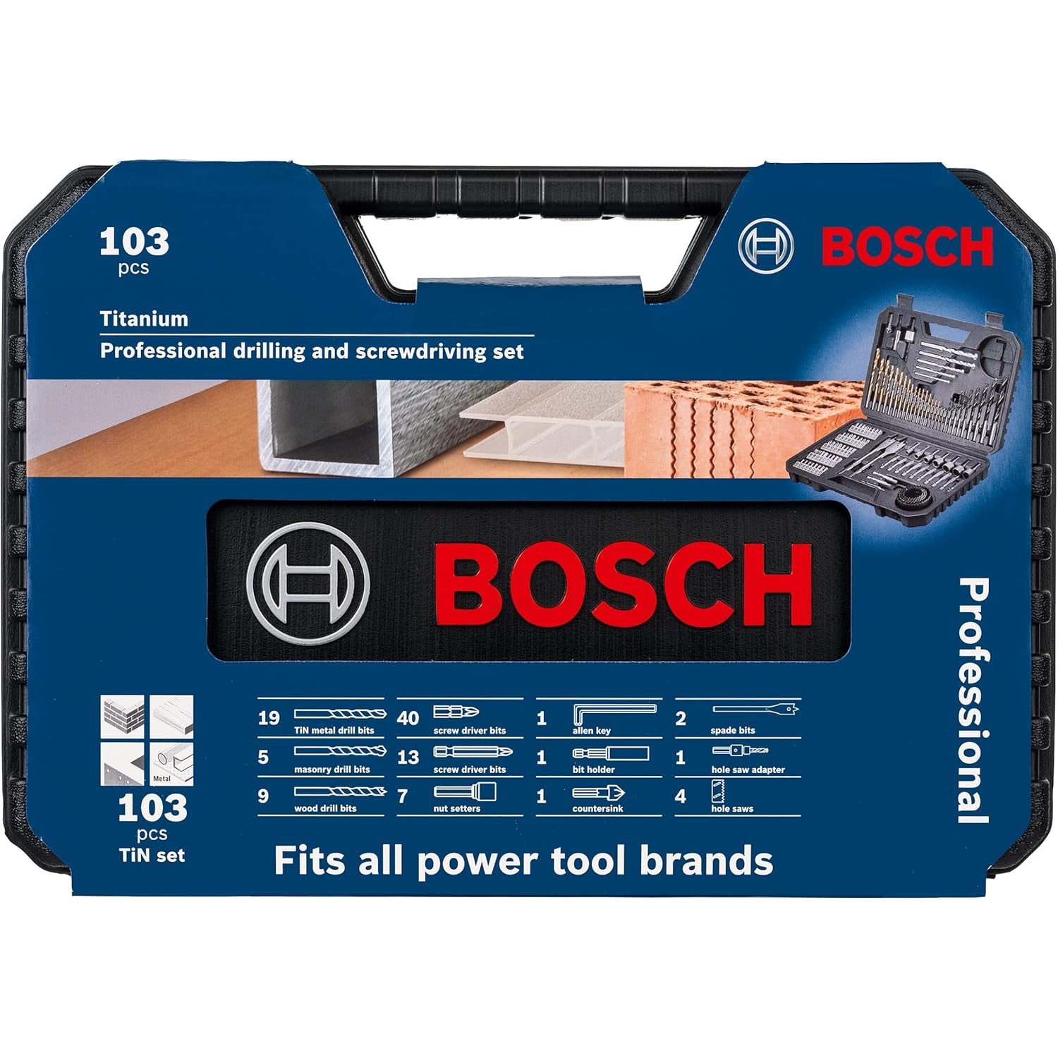 Set accesorii gaurire si insurubare Bosch Professional, 103 piese, pentru lemn, metal si zidarie, include burghie HSS si pentru lemn, biti PH/PZ/Torx/Hex, carote, chei tubulare, suport universal si cutie de transport