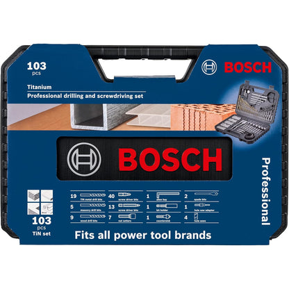 Set accesorii gaurire si insurubare Bosch Professional, 103 piese, pentru lemn, metal si zidarie, include burghie HSS si pentru lemn, biti PH/PZ/Torx/Hex, carote, chei tubulare, suport universal si cutie de transport