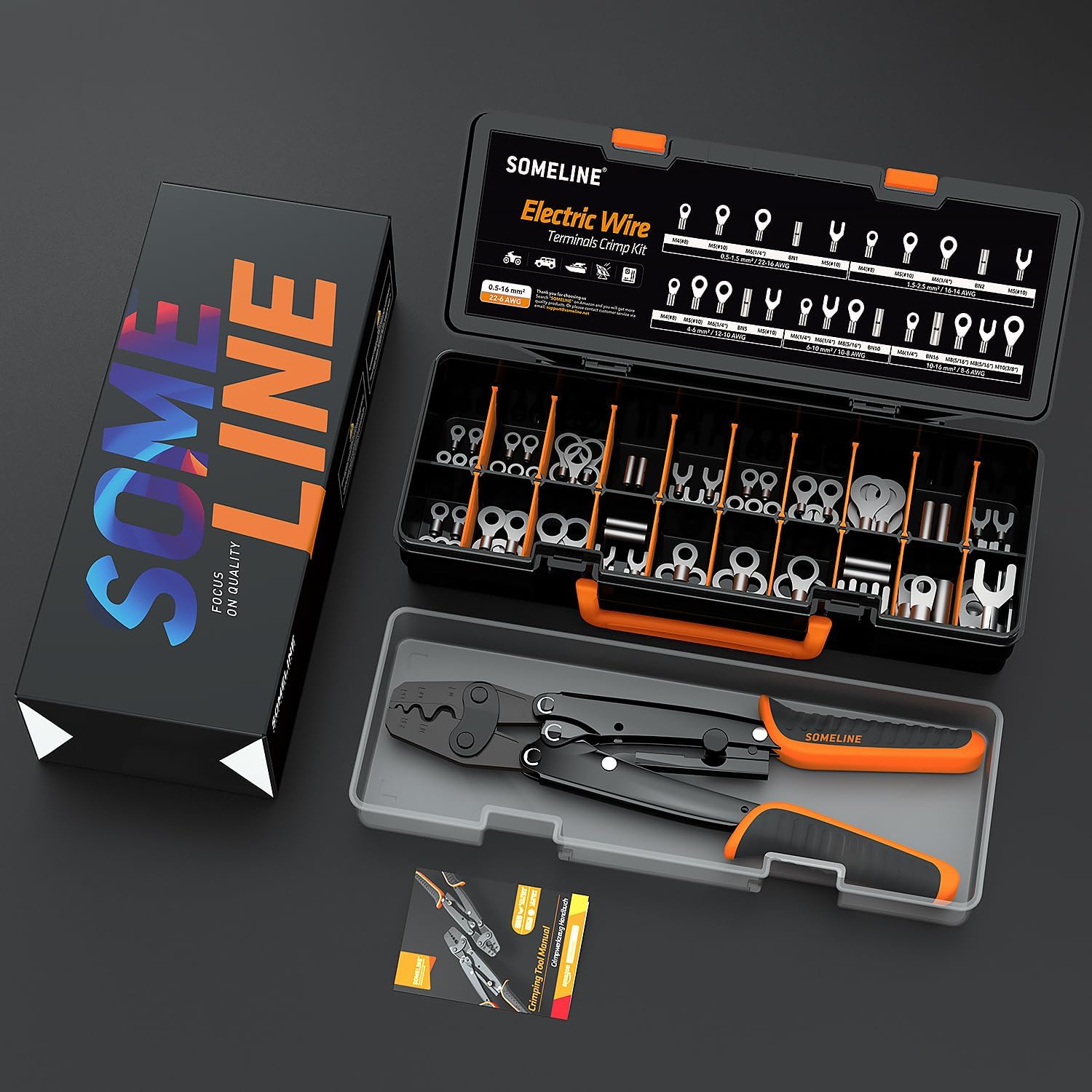 Set cleste de sertizare 0.5-16 mm² cu 90 bucati terminale AWG 0.5, 1.5, 2.5, 4, 6, 10, 16, cu cutie de depozitare si transport, SOMELINE