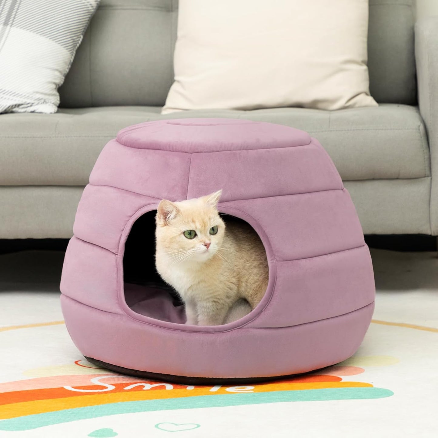 Patut caini si pisici 2 in 1, culcus pliabil pentru animale de companie mici, forma casuta si pat, din bumbac si tesatura de catifea, roz