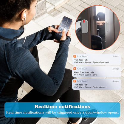 Sistem de alarma WiFi smart, pentru usi si ferestre, cu 10 senzori, magnetici, senzor de miscare, 2 telecomenzi, sirena 120 dB si unitate centrala cu afisaj si iluminata