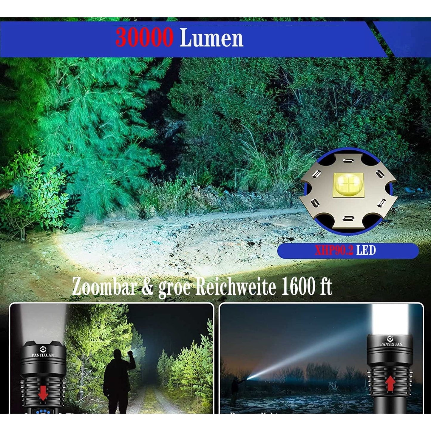 Lanterna tactica LED 30.000 lumeni, reincarcabila, cu baterie de 6800 mAh, 5 moduri iluminare, impermeabila IP67, indicator nivel baterie, din aluminiu