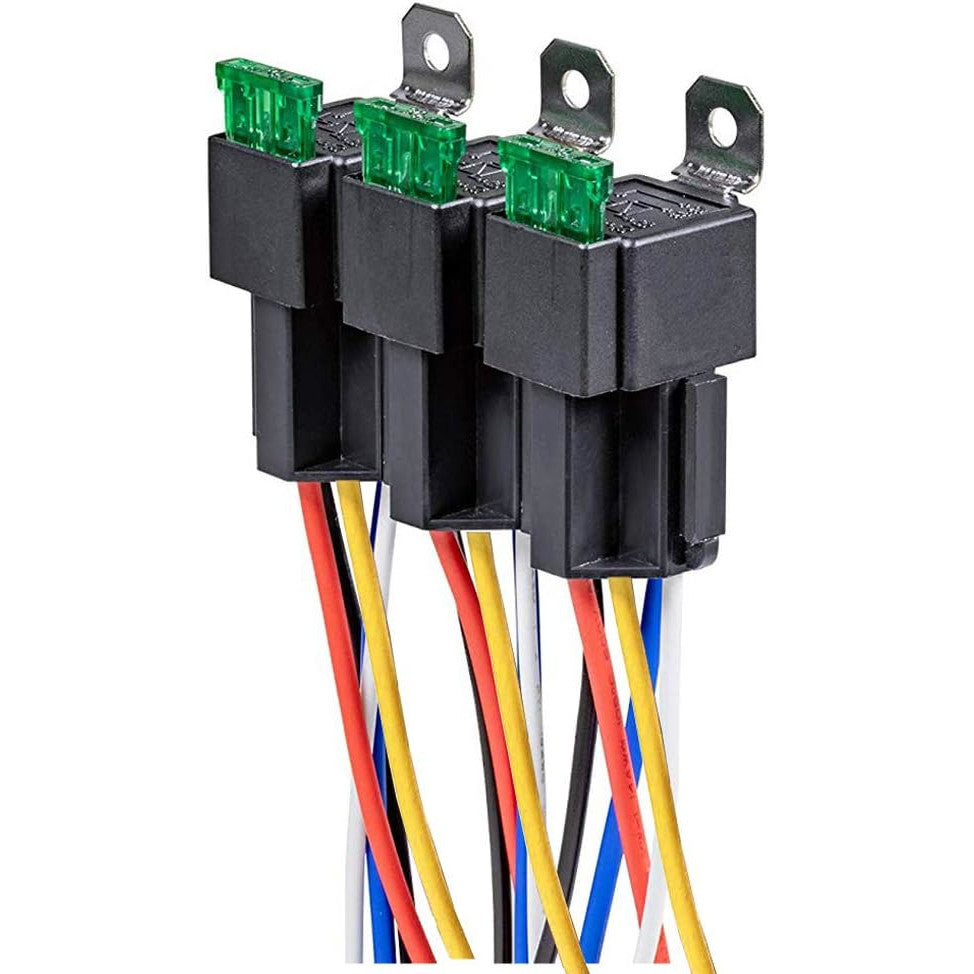 Set 3 releu auto SPDT cu siguranta ATO/ATC, 12V 30A, 5 pini, cu priza si cablaj 14 AWG, Gebildet