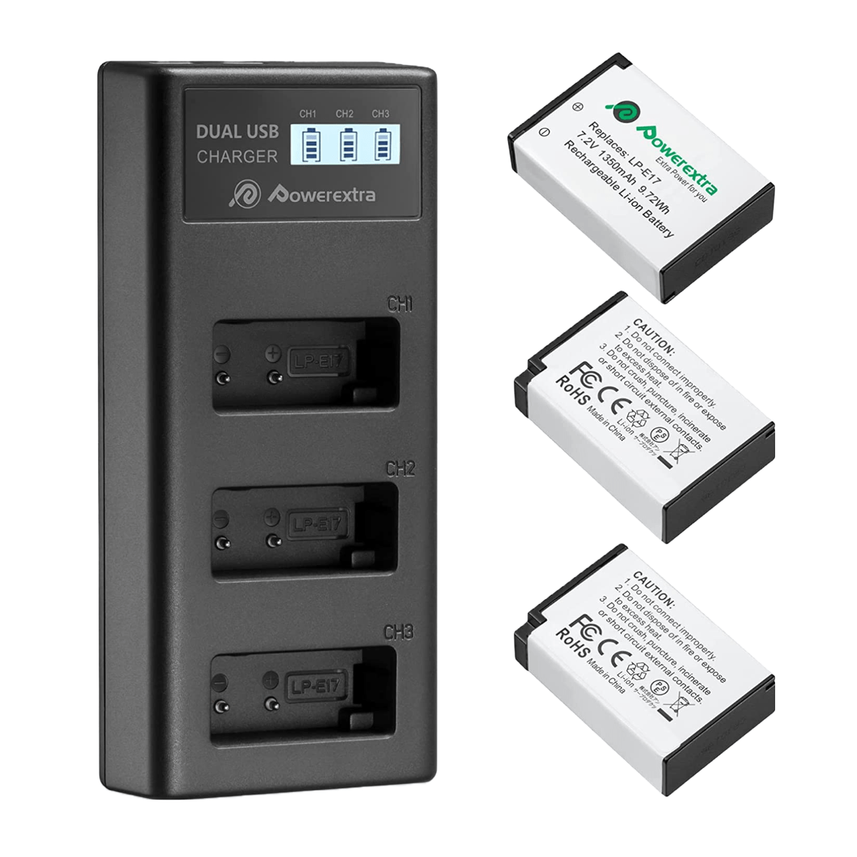 Set de 3 acumulatori LP-E17 1350 mAh 7.2 V cu incarcator triplu cu afisaj LCD, pentru Canon EOS 77D 200D 750D 760D 800D M3 M5 M6