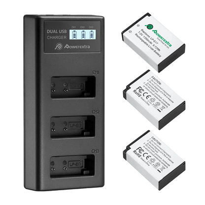 Set de 3 acumulatori LP-E17 1350 mAh 7.2 V cu incarcator triplu cu afisaj LCD, pentru Canon EOS 77D 200D 750D 760D 800D M3 M5 M6
