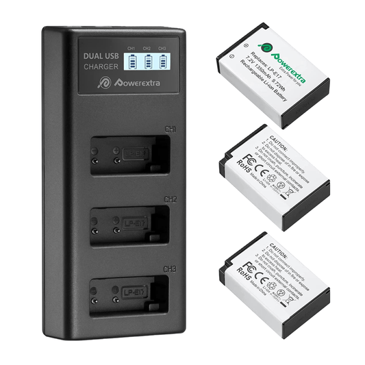 Set de 3 acumulatori LP-E17 1350 mAh 7.2 V cu incarcator triplu cu afisaj LCD, pentru Canon EOS 77D 200D 750D 760D 800D M3 M5 M6