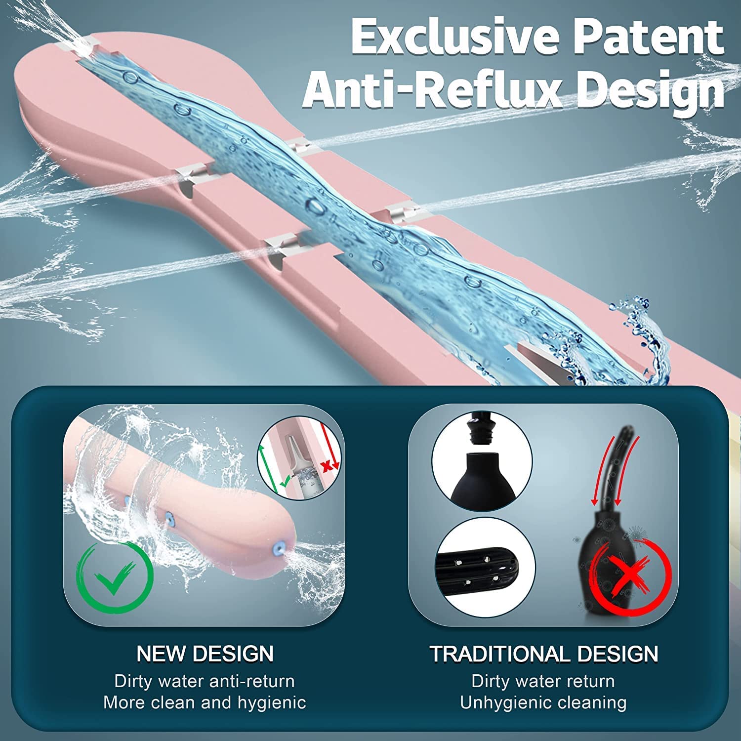 Irigator intim pentru clatire intestinala si vaginala, Zggzerg, Design anti-retur, 150 ml, Cap cu 5 duze, Ergonomic, Reutilizabile, Pentru igiena intima, Portabil si usor de folosit, ABS, Roz