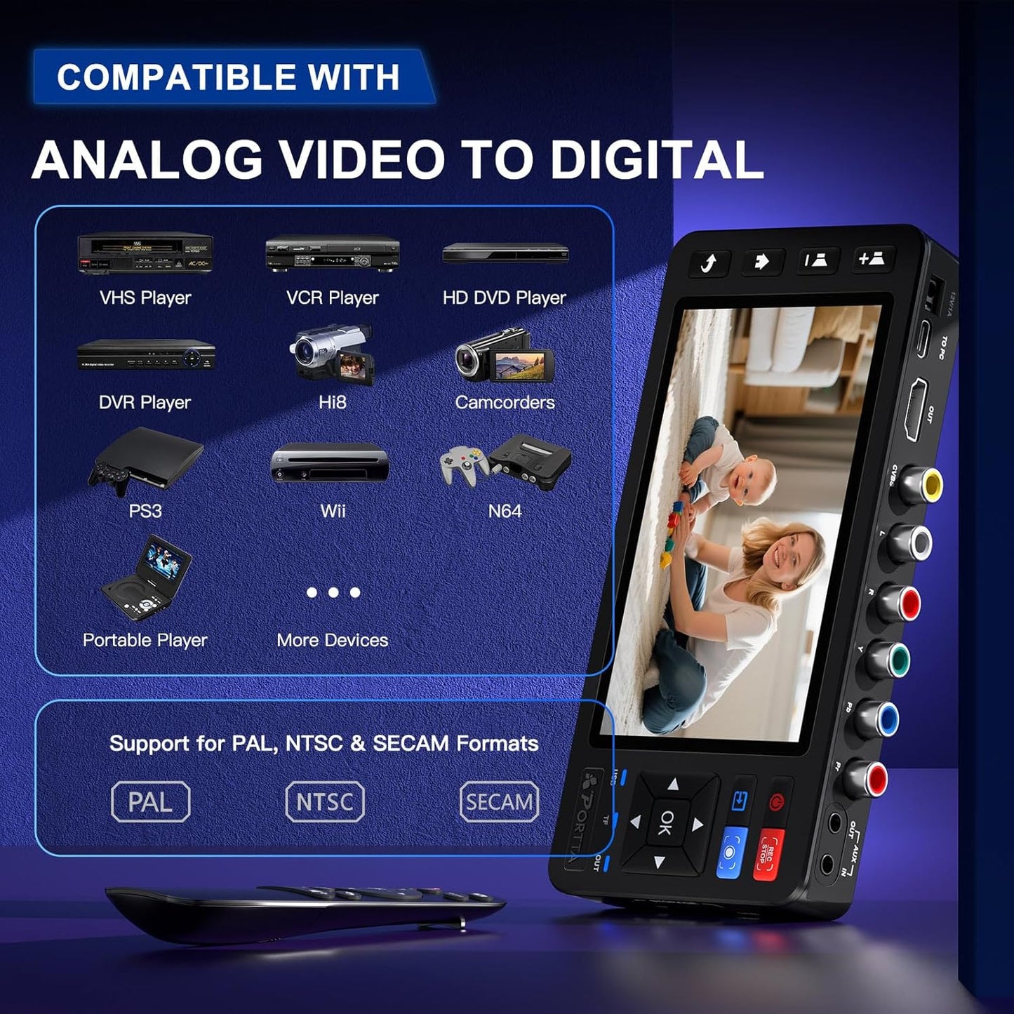 Placa de capura video 1080P – digitalizare casete video grabber VHS/VCR/Hi8/MiniDV/DVR/DVD/camere video/console jocuri si alte dispozitive in format digital, suporta intrari AV/YPbPr/AUX, stocare USB, cu display si telecomanda