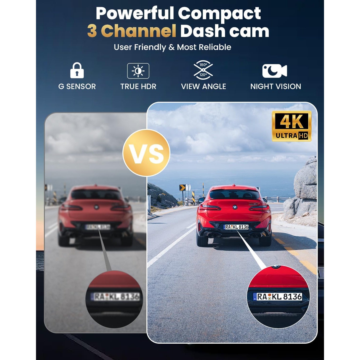 Camera auto DVR 4K cu 3 canale, fata 4K Ultra HD + interior, spate 1080P Full HD, Wi-Fi 5GHz, aplicatie mobila, viziune nocturna WDR avansata, unghi ultra-larg 170°, senzor G, inregistrare Loop, camera marsarier inclusa, card MicroSD 64GB