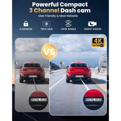 Camera auto DVR 4K cu 3 canale, fata 4K Ultra HD + interior, spate 1080P Full HD, Wi-Fi 5GHz, aplicatie mobila, viziune nocturna WDR avansata, unghi ultra-larg 170°, senzor G, inregistrare Loop, camera marsarier inclusa, card MicroSD 64GB