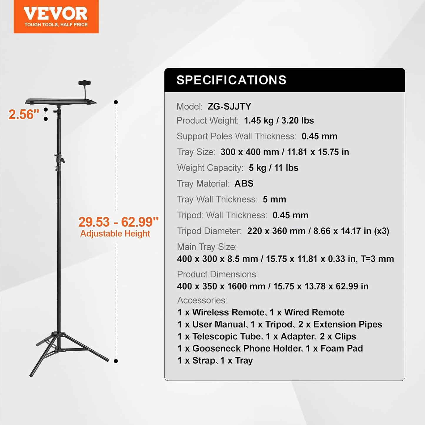 Suport pentru videoproiector sau laptop cu trepied, inaltime reglabila 68 - 160 cm, suport telefon gooseneck, unghi reglabil 180°, portabil, design pliabil, capacitate 5 kg, pentru proiector, tableta, mixer, laptop, partitura, negru