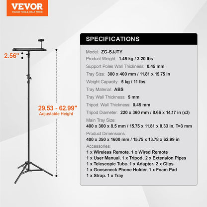 Suport pentru videoproiector sau laptop cu trepied, inaltime reglabila 68 - 160 cm, suport telefon gooseneck, unghi reglabil 180°, portabil, design pliabil, capacitate 5 kg, pentru proiector, tableta, mixer, laptop, partitura, negru
