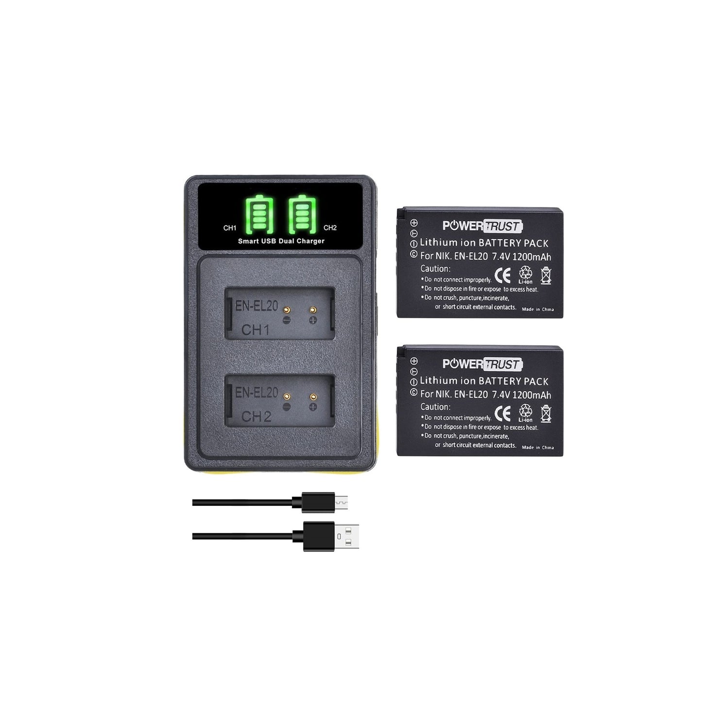 Set 2 acumulatori EN-EL20 EN-EL20 1200 mAh PowerTrust cu incarcator cu display LCD pentru Nikon EN EL20, Coolpix A 1 AW1, 1 J1, 1 J2, 1 J3, 1 S1, 1 V3