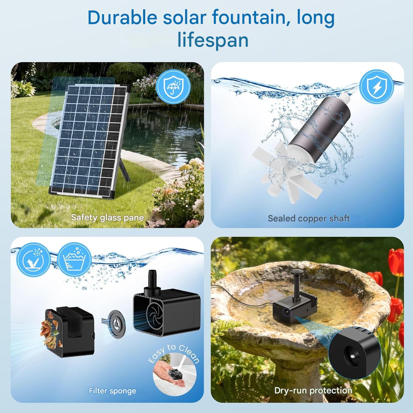 Fantana solara 12W cu baterie 5000 mAh, 10 duze si 10 stiluri de fantana, debit 300l/h, inaltime 0.3–0.8 m, panou solar cu cablu de 3 m, functie anti-uscare, functionare silentioasa ≤50 dB, pentru iaz, gradina, baie pasari si decor exterior