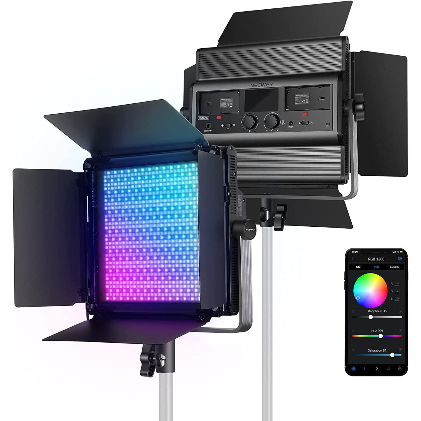 Lumina continua LED RGB cu control aplicatie si 2.4G, 22.000 Lux@0,5m, CRI 97+ / TLCI 98+ / 2500K-8500K, 18 moduri de scena, ajustare culoare 360°, din aliaj de aluminu, Neewer