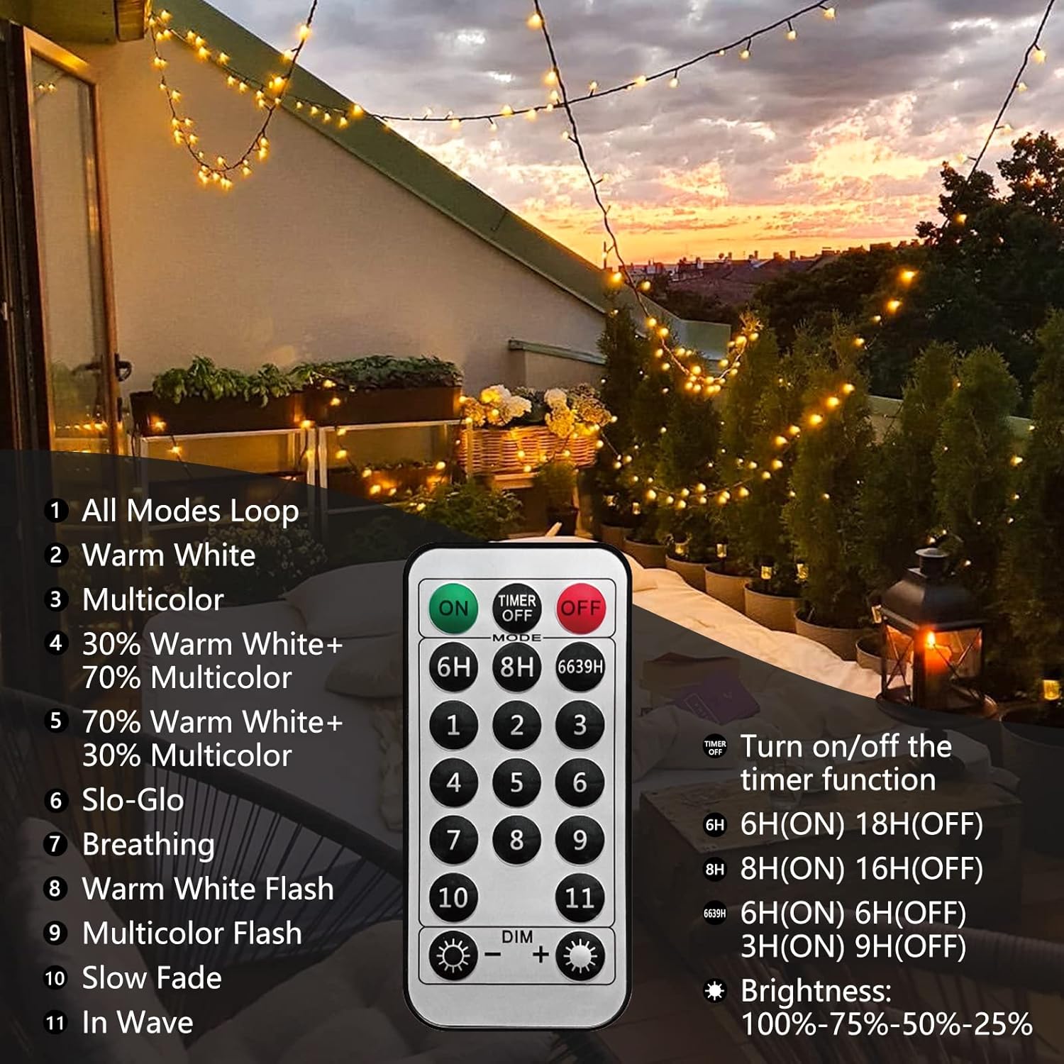 Instalatie brad Craciun LED pentru interior si exterior, de 20 metri, cu telecomanda, alb cald si multicolor, luminozitate reglabila, 11 moduri iluminare, impermeabil IP44