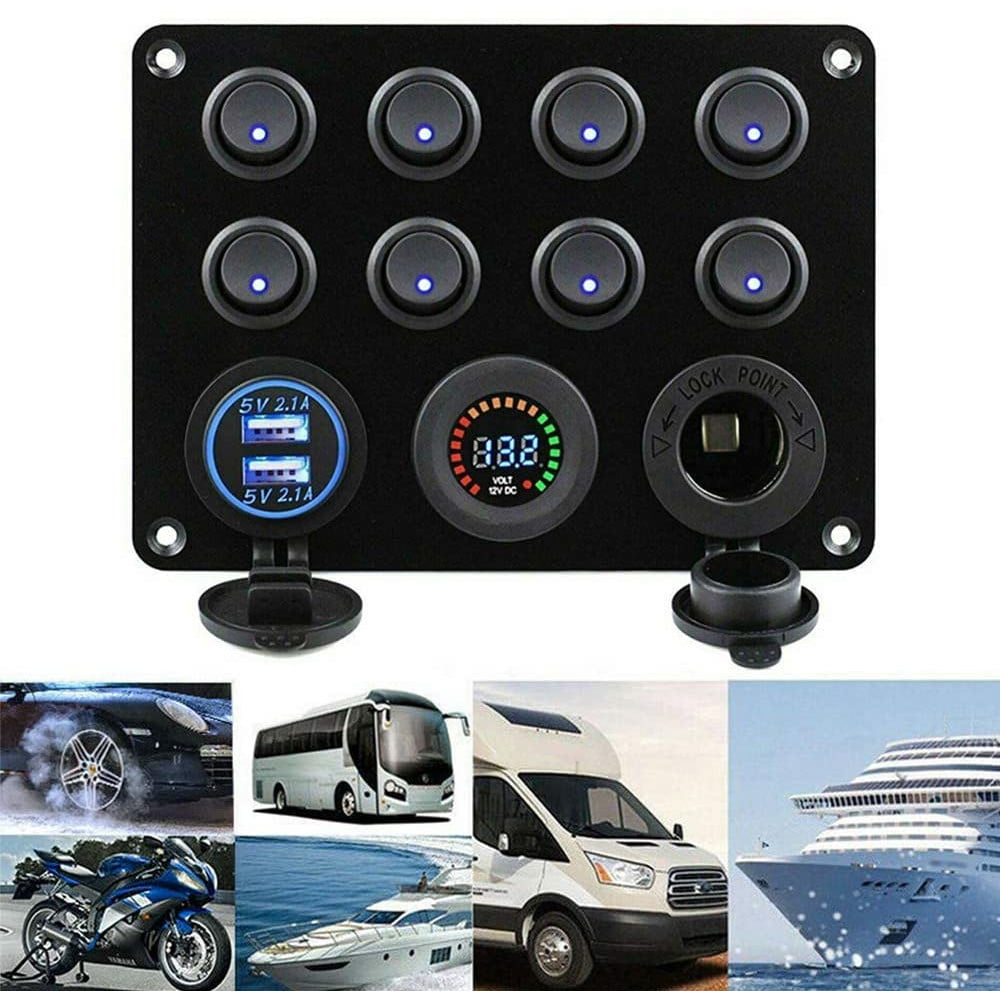 Panou cu voltmetru si 8 intrerupatoare , priza cu 2 USB , butoane luminoase , priza auto 12 V 24V , pentru masina , camion , barca , rulota , iaht