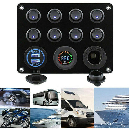 Panou cu voltmetru si 8 intrerupatoare , priza cu 2 USB , butoane luminoase , priza auto 12 V 24V , pentru masina , camion , barca , rulota , iaht