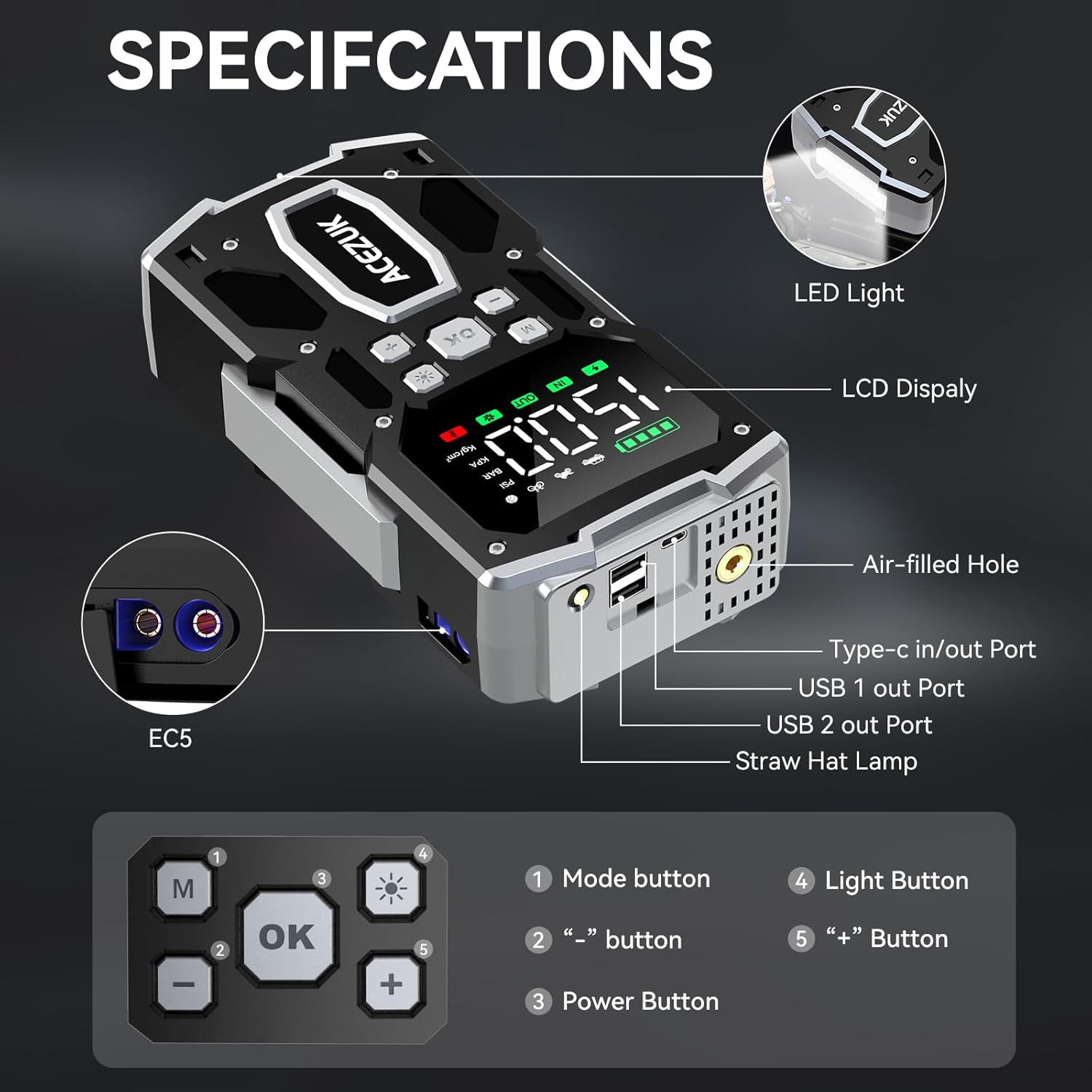 Starter auto portabil, Jump Starter 2 in 1 cu compresor aer, 6000 A, 26800 mAh, functie powerbank, 2 USB-a si 1 USB-C, display LCD, lanterna LED, multifunctional