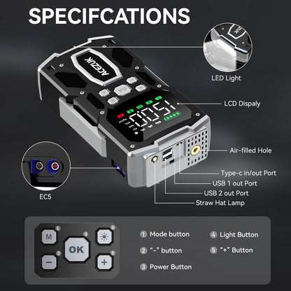 Starter auto portabil, Jump Starter 2 in 1 cu compresor aer, 6000 A, 26800 mAh, functie powerbank, 2 USB-a si 1 USB-C, display LCD, lanterna LED, multifunctional