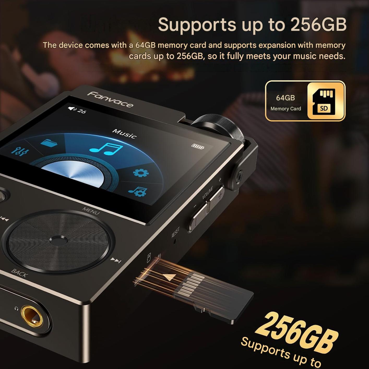 MP3 Player HiFi 64GB, audio Lossless DSD/FLAC/WAV, DAC profesional WM8965, 24bit/192kHz, ecran color 2 inch TFT, card MicroSD 64GB inclus, suport extindere pana la 256GB, baterie 2000mAh, USB-C si Jack 3.5mm, negru
