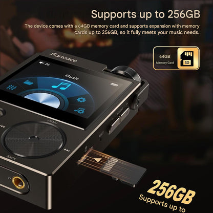 MP3 Player HiFi 64GB, audio Lossless DSD/FLAC/WAV, DAC profesional WM8965, 24bit/192kHz, ecran color 2 inch TFT, card MicroSD 64GB inclus, suport extindere pana la 256GB, baterie 2000mAh, USB-C si Jack 3.5mm, negru
