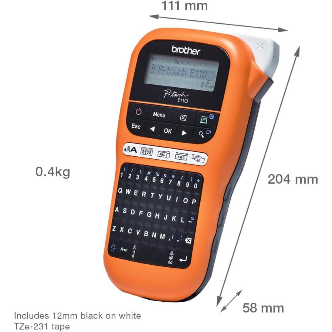 Imprimanta termica de etichete portabila cu tastatura QWERTY si simboluri electrice integrate, aparat de etichetat Brother P-Touch E110, portocaliu