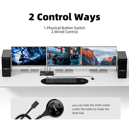 Comutator KVM Triple Monitor KCEVE pentru 4 PC-uri si 3 monitoare, 2x DisplayPort + HDMI, rezolutie pana la 8K 30Hz / 4K 144Hz, transfer date USB 3.0 5Gbps, 4 porturi USB pentru tastatura, mouse, imprimanta si stick USB, comutare prin buton, Plug & Play