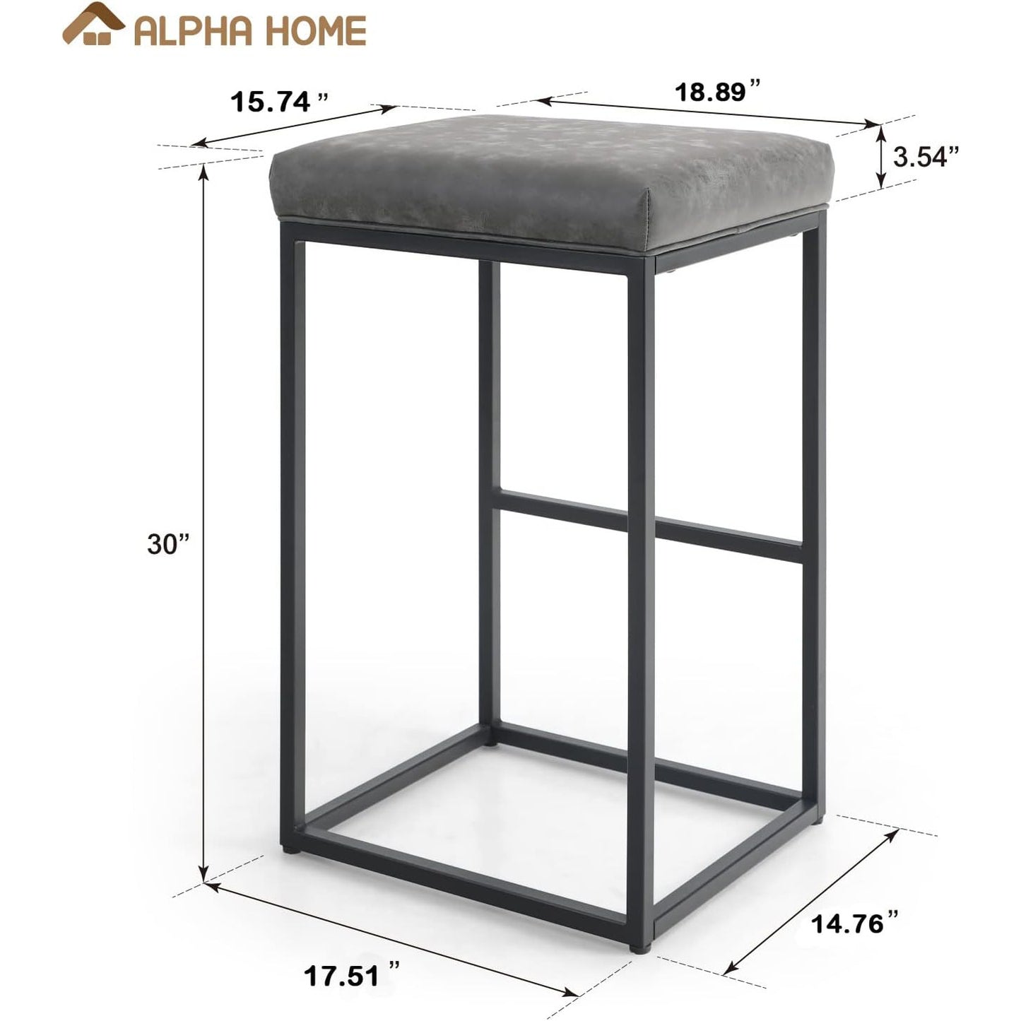 Set 2 scaune de bar gri, fara spatar, sezut 76 cm, piele ecologica, perna groasa, cadru metalic cromat robust, suport pentru picioare-Ideal pentru bucatarie, bar sau insula de bucatarie