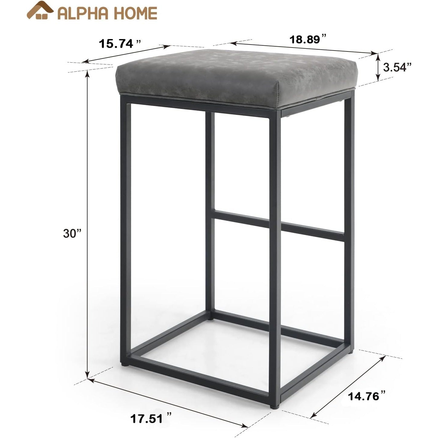 Set 2 scaune de bar gri, fara spatar, sezut 76 cm, piele ecologica, perna groasa, cadru metalic cromat robust, suport pentru picioare-Ideal pentru bucatarie, bar sau insula de bucatarie