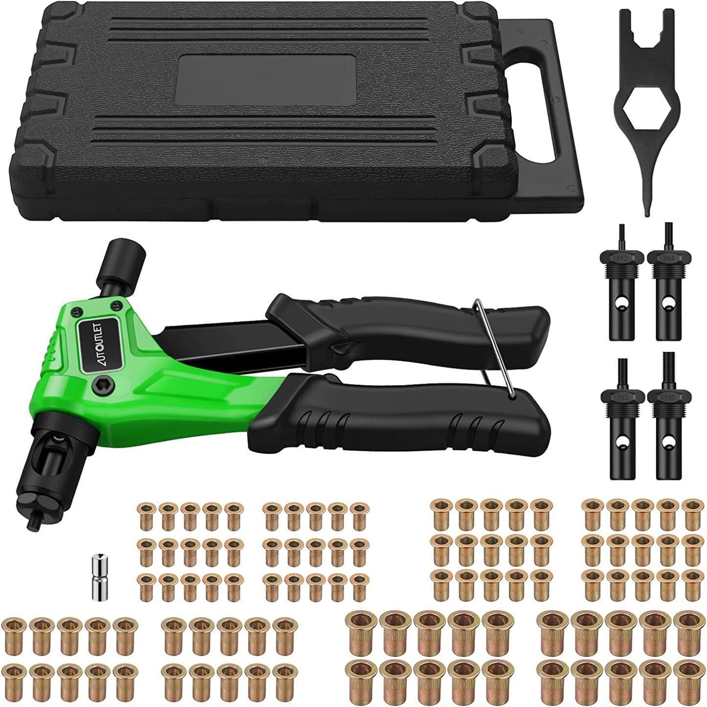 Set cleste pentru nituit piulite nituibile, cu mandrine M3, M4, M5, M6 si 100 de nituri, cleste 200 mm din otel cu maner din TPR