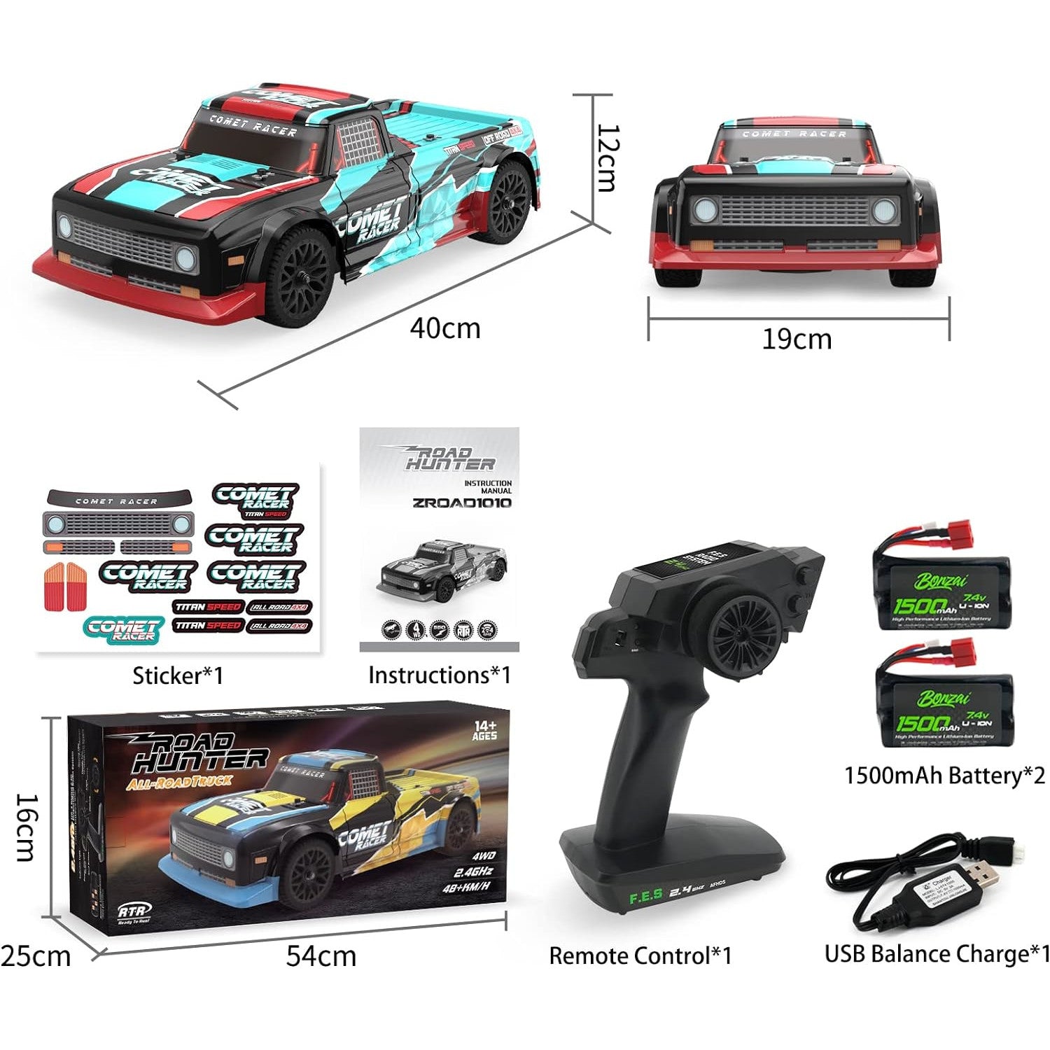 Masina RC cu telecomanda 2.4G, scara 1:12, 48 km/h, 4WD, cu 2 acumulatori reincarcabili 1500 mAh, Exbonzai Comet Racer
