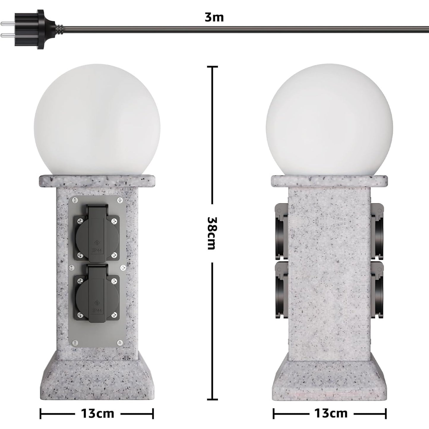 Priza de exterior decorativa, prelungitor cu 4 prize si lampa de gradina LED cu senzor de lumina, cablu de 3 m, impermeabil IP 44, priza de gradina 230V 16A cu aspect stalp de marmura