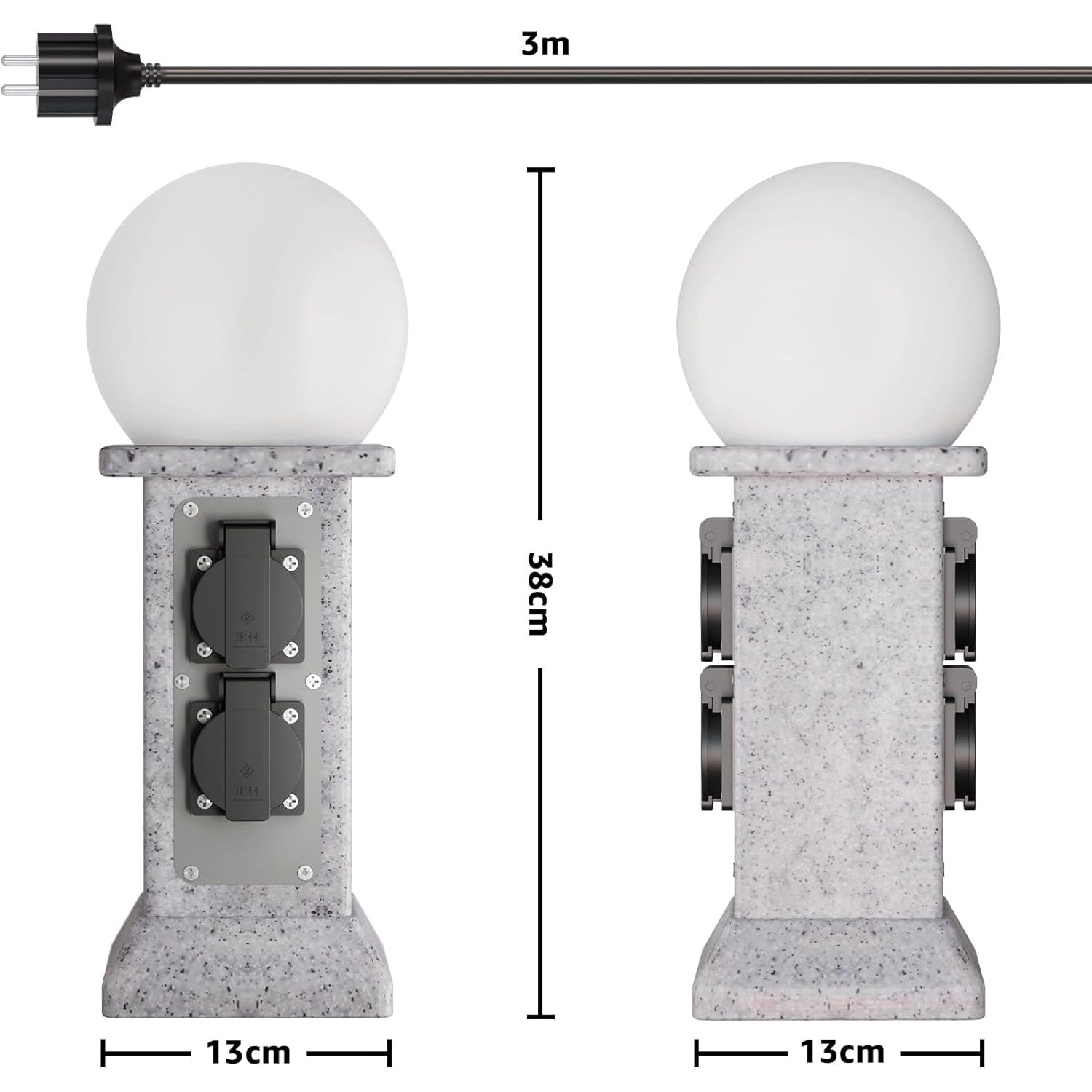 Priza de exterior decorativa, prelungitor cu 4 prize si lampa de gradina LED cu senzor de lumina, cablu de 3 m, impermeabil IP 44, priza de gradina 230V 16A cu aspect stalp de marmura