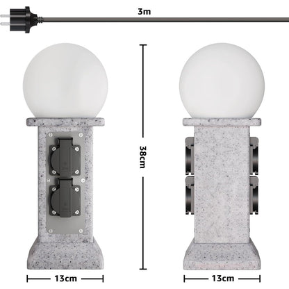 Priza de exterior decorativa, prelungitor cu 4 prize si lampa de gradina LED cu senzor de lumina, cablu de 3 m, impermeabil IP 44, priza de gradina 230V 16A cu aspect stalp de marmura