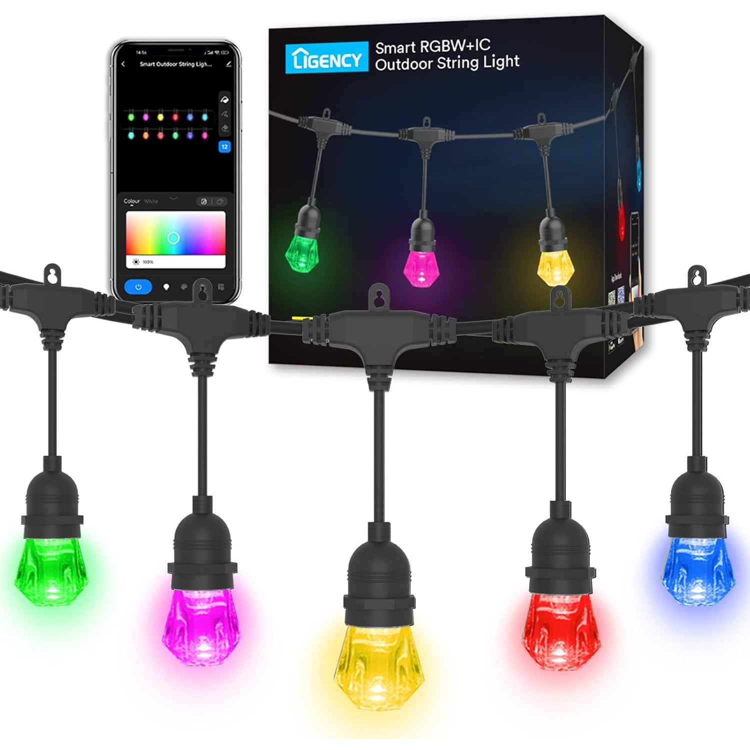 Ghirlanda luminoasa LED RGBW+IC, de 12 m, 12 becuri, fiecare bec controlabil individual, impermeabila IP65, dimabila, 16 milioane culori, aplicatie dedicata, compatibila Alexa/Google Assistant