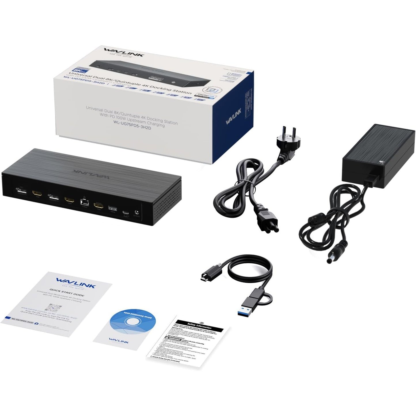 Statie de andocare WAVLINK 13-in-1 DisplayLink, Dual 8K / 5x 4K, 3x HDMI + 2x DisplayPort, USB-C 100W Power Delivery, USB 3.2 10Gbps, Ethernet 2.5G, compatibila Windows & Mac (M1/M2/M3/M4)