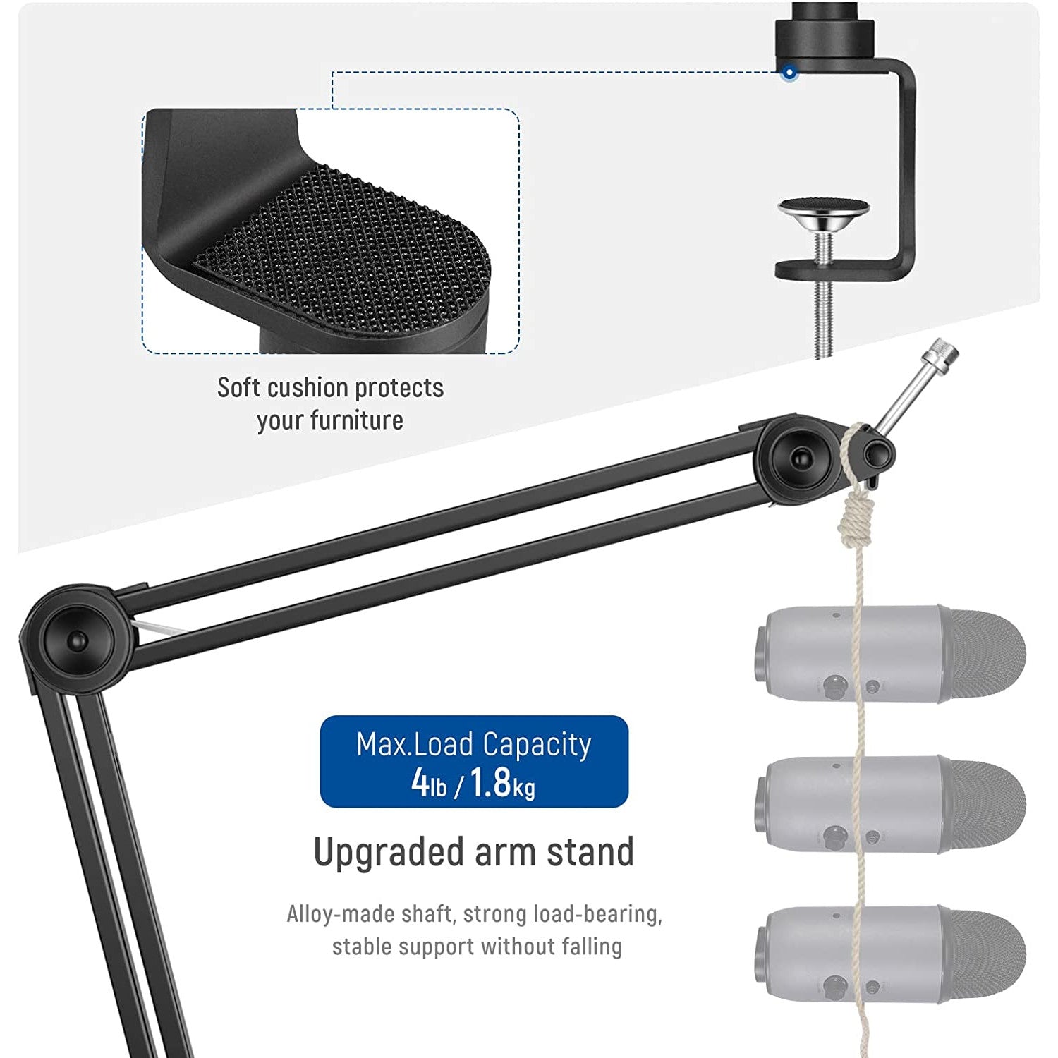 Brat de microfon cu menghina, cu adaptor de la 5/8" la 1/4" si adaptor de la 5/8" la 1/4", sarcina maxima 1.8 kg, rotire 360°, din metal, cu arc incastrat, reglabil