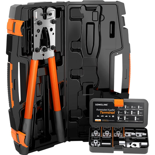 Set cleste de sertizare 6-50 mm² cu 21 bucati terminale 6 mm², 10 mm², 16 mm², 25 mm², 35 mm², 50 mm², cu cutie de depozitare si transport, SOMELINE