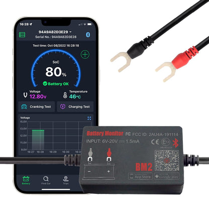 Tester baterie auto Bluetooth, dispozitiv monitorizare parametri baterie 12 V 100-2000 CCA, istoric masuratori, test pornire si incarcare, inregistrare timp clatorie, multifunctional