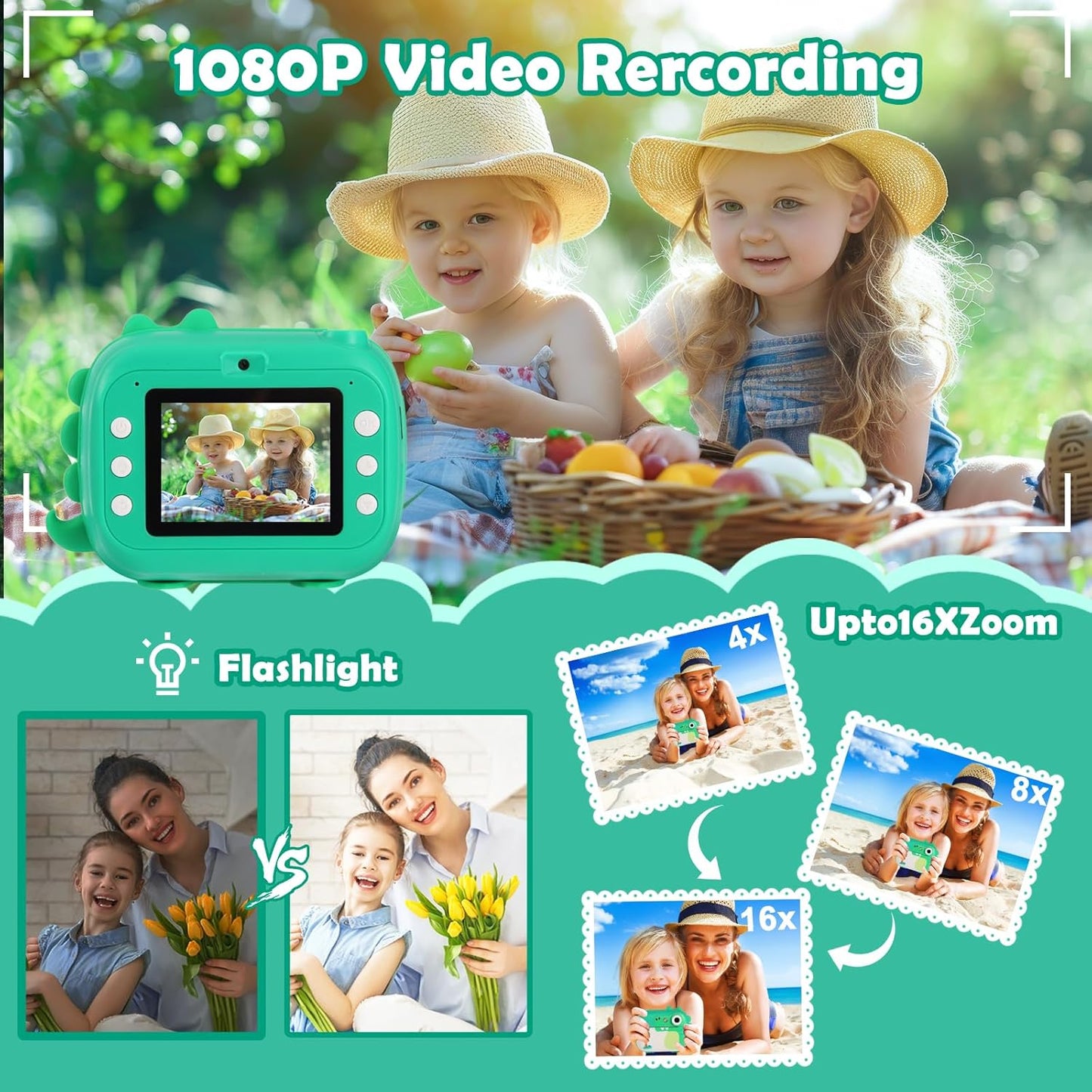 Camera foto instant pentru copii, camera instantanee cu functie printare, video HD 1080P, blit, functie MP3 Player, jocuri incorporate, slot card, cu 7 role hartie incluse