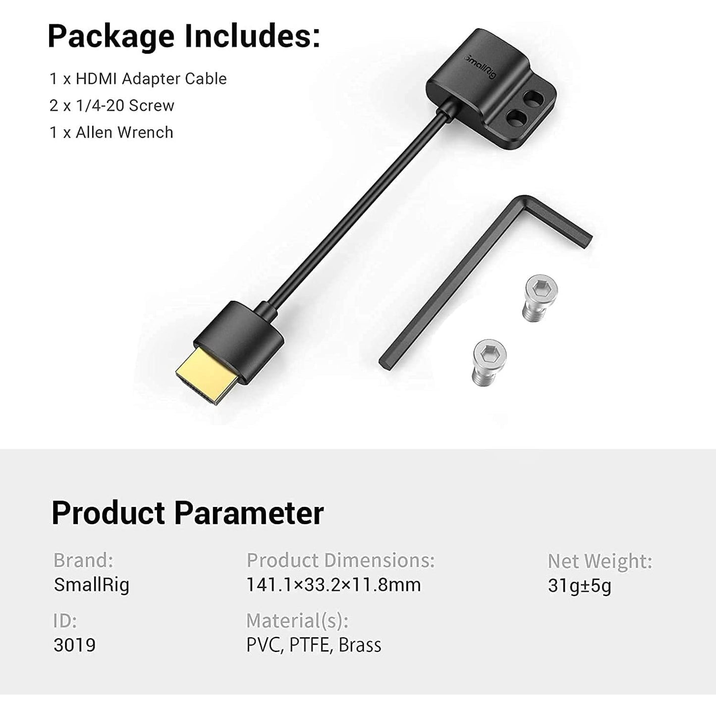 Adaptor HDMI tata la HDMI mama, 4K, cu 2 suruburi 1/4 inch, pentru BMPCC 4K, 6K, 6K Pro; Sony A7S III; Panasonic GH5, S1H, Smallrig 3019
