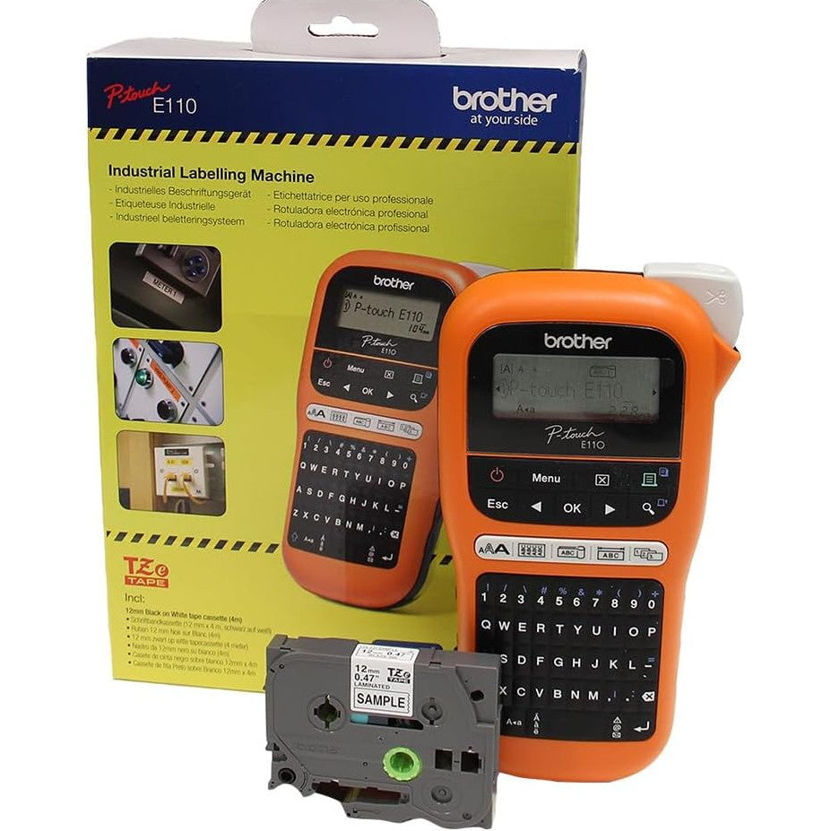 Imprimanta termica de etichete portabila cu tastatura QWERTY si simboluri electrice integrate, aparat de etichetat Brother P-Touch E110, portocaliu